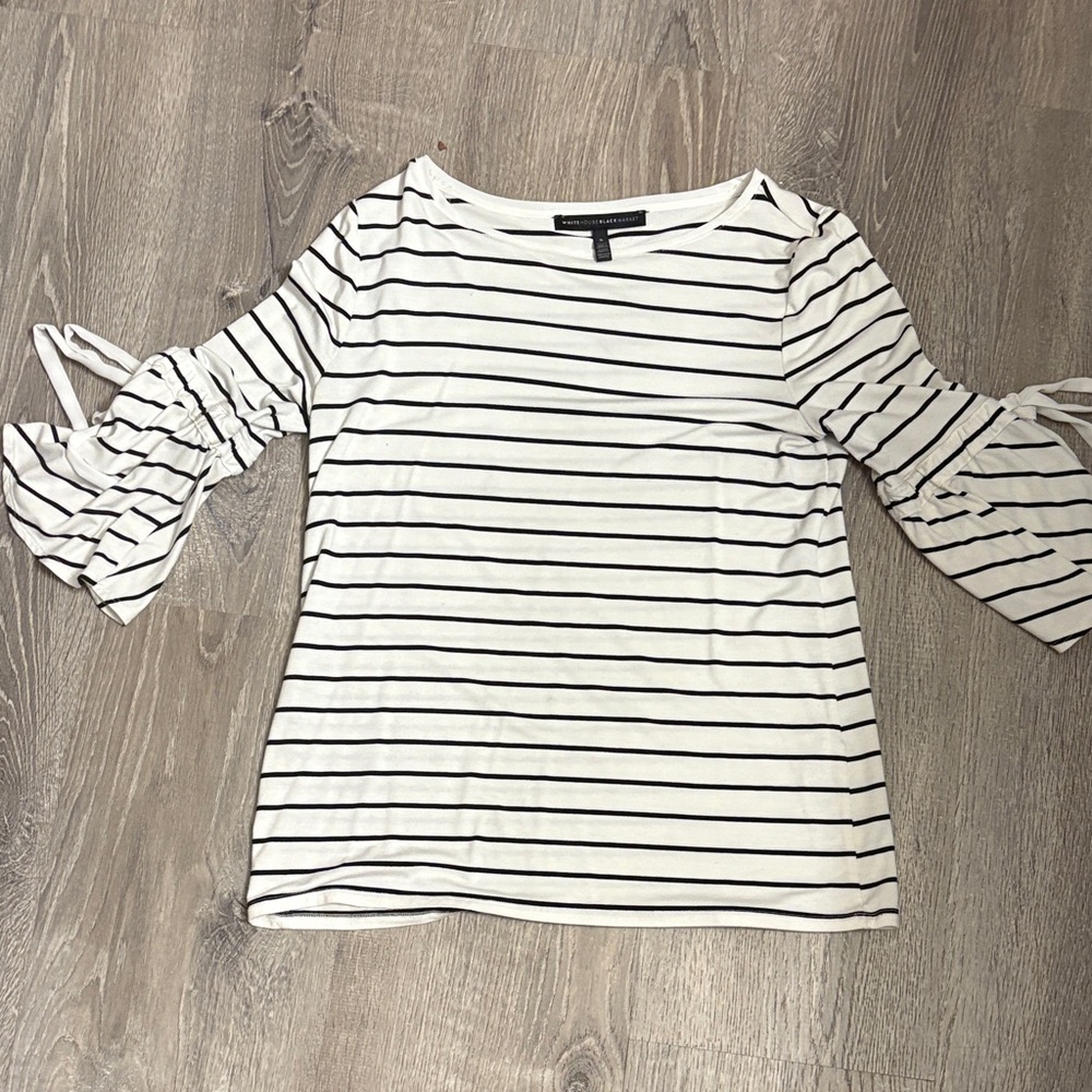 White House Black Market Black &‎ White Striped Blouse with bow sleeves S